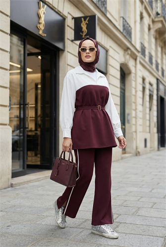 Avelin Kemer Detaylı Modal Kumaş Kadın Tesettür İkili Takım – Bordo 