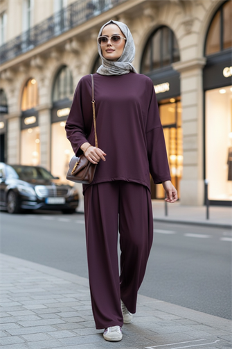 Light Touch Kumaş Pileli  Geniş Paça İkili Takım – Sezonsuz Tesettür Takım (36-50 Beden)Bordo