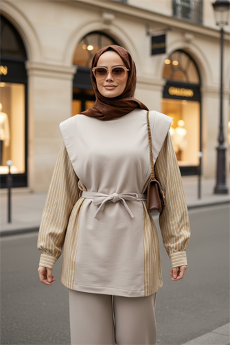 İki İplik Pamuklu Kuşaklı Tesettür Takım | Şık ve Rahat Günlük Kombin Bej