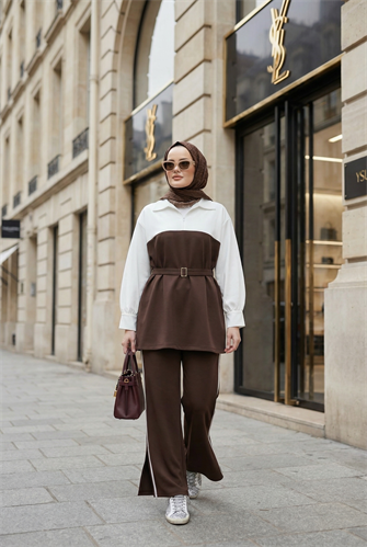 Avelin Kemer Detaylı Modal Kumaş Kadın Tesettür İkili Takım – Acıkahve