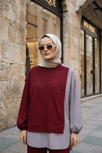 Kadın Tesettür Takım  Line İkili Gömlek Takım AçıkBordo