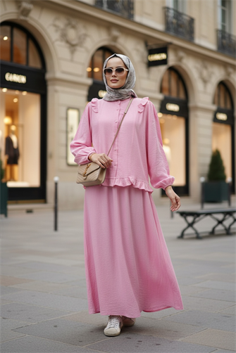 Çilek Kumaş Pamuklu Fırfırlı Gömlek Etekli Takım – Pembe