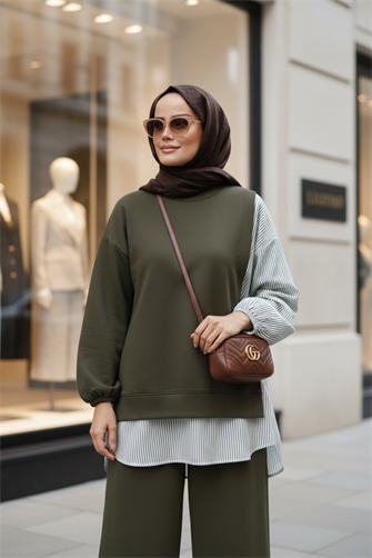 طقم قميص خطي مفصل أخضر مزدوج