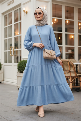 Çilek Kumaş Robalı Yazlık Elbise | Düğmeli ve Rahat Kesim  Mavi