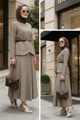 Kupra Kumaş Kemerli Ceket Etek Üçlü Takım – Vizon