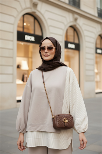 طقم قميص خطي طقم مزدوج بيج