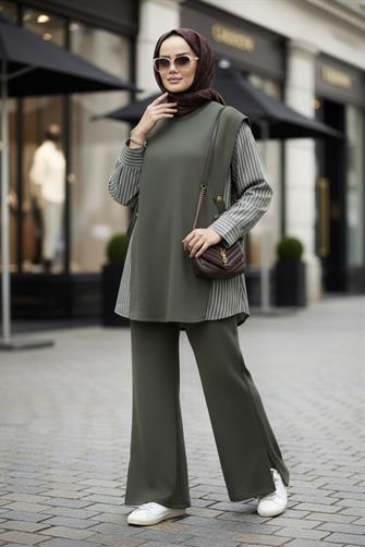 Liora Kadın Tesettür İkili Takım – Pamuklu İki İplik Gömlek Detaylı- Hakiyeşil