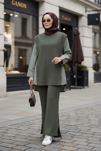 Liora Kadın Tesettür İkili Takım – Pamuklu İki İplik Gömlek Detaylı- Hakiyeşil