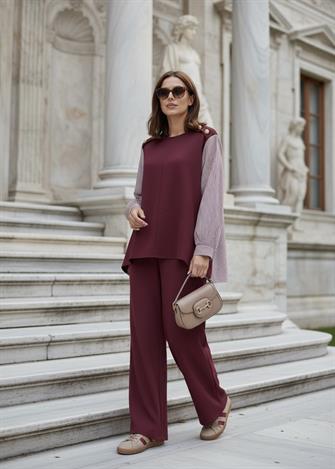 Merina İkili Takım – Çizgili Gömlek Detaylı Bordo