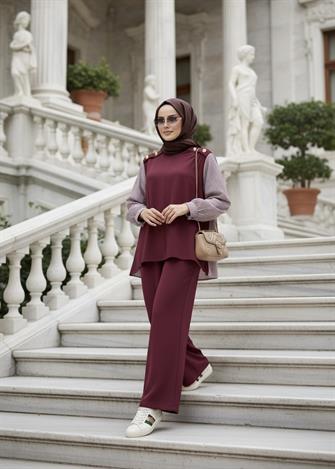 Maribel  İkili Takım – Çizgili Gömlek Detaylı Bordo 