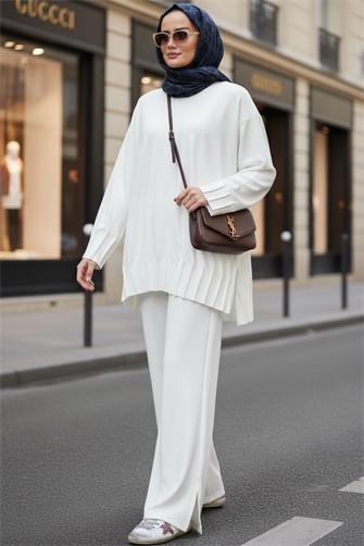 Alisa Pileli Premium Modal  Kumaş Tesettür İkili Takım – Ekru
