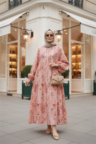 Pamuklu Yaprak Desenli Yazlık Robalı Elbise Pembe 