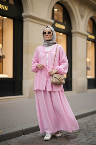 Pamuk Vual Kimono Etekli Takım | Astarlı  | 36-44 Beden Pembe