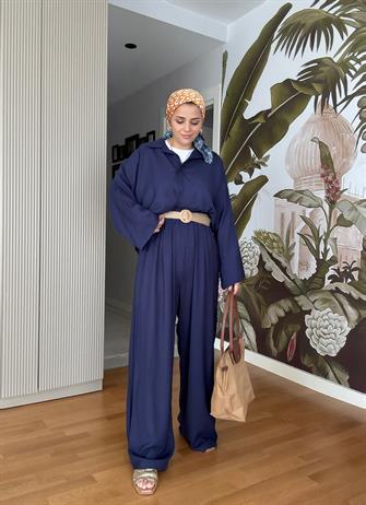 %100 Ham Keten Kimono Kol İkili Takım - Hasır Kemerli  Lacivert