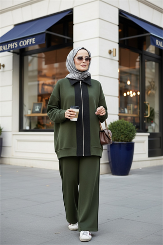 Nordic Selanik- Kaşe Detaylı  Oversize  Takım |Hakiyeşil