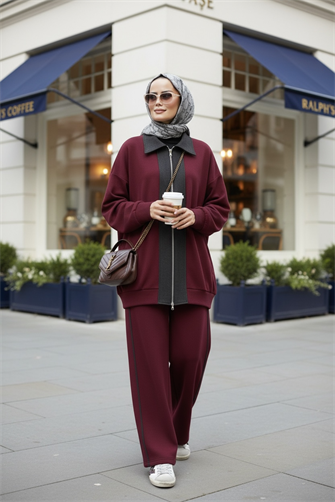 Nordic Selanik- Kaşe Detaylı  Oversize  Takım | Bordo
