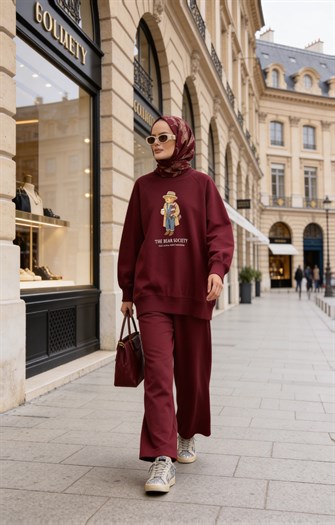  Bear Sea Comfort Pamuklu Oversize Takım – Bol Paça Rahat Kesim -Bordo