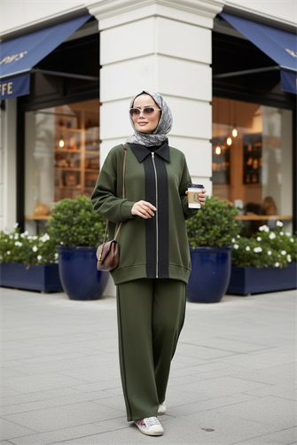 Nordic Selanik- Kaşe Detaylı  Oversize  Takım |Hakiyeşil