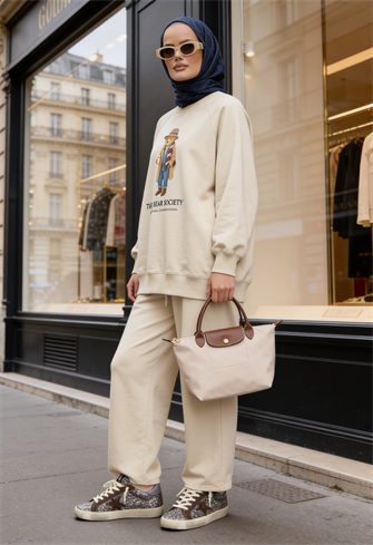  Bear Sea Comfort Pamuklu Oversize Takım – Bol Paça Rahat Kesim -Vanilya