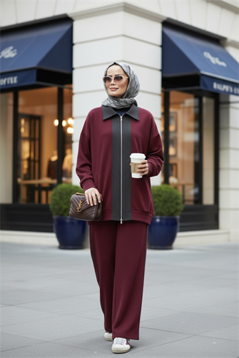 Nordic Selanik- Kaşe Detaylı  Oversize  Takım | Bordo