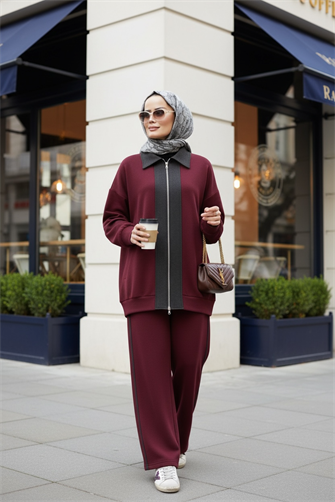 Nordic Selanik- Kaşe Detaylı  Oversize  Takım | Bordo