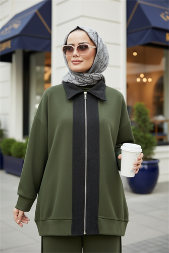 Nordic Selanik- Kaşe Detaylı  Oversize  Takım |Hakiyeşil