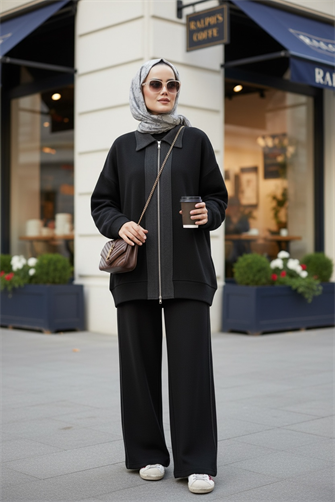 Nordic Selanik- Kaşe Detaylı  Oversize  Takım | Siyah