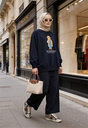  Bear Sea Comfort Pamuklu Oversize Takım – Bol Paça Rahat Kesim -Lacivert