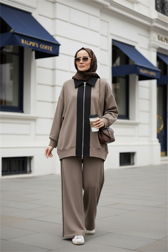 Nordic Selanik- Kaşe Detaylı  Oversize  Takım |Vizonkahve
