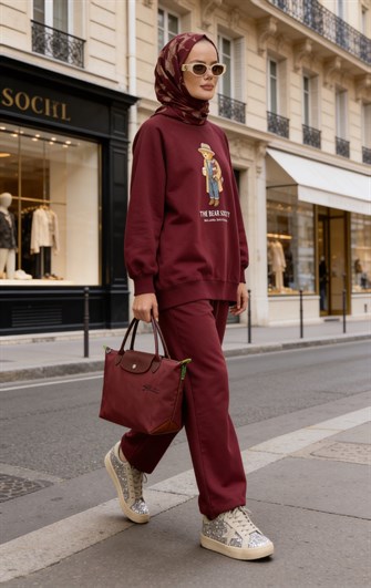  Bear Sea Comfort Pamuklu Oversize Takım – Bol Paça Rahat Kesim -Bordo