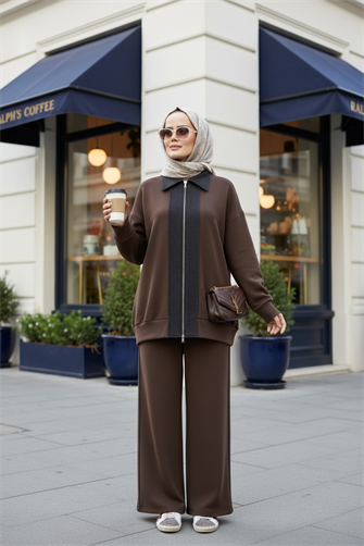 Nordic Selanik- Kaşe Detaylı  Oversize  Takım |AcıKahve