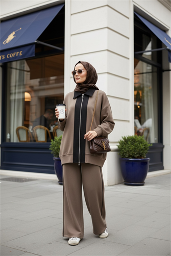 Nordic Selanik- Kaşe Detaylı  Oversize  Takım |Vizonkahve