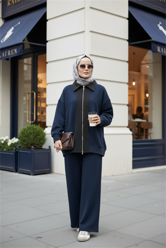 Nordic Selanik- Kaşe Detaylı  Oversize  Takım |Lacivert