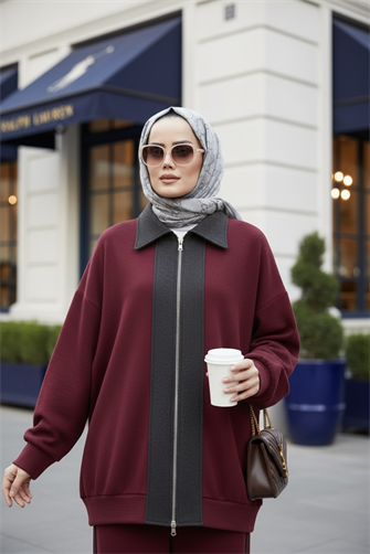 Nordic Selanik- Kaşe Detaylı  Oversize  Takım | Bordo