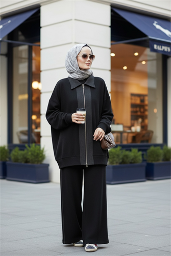 Nordic Selanik- Kaşe Detaylı  Oversize  Takım | Siyah