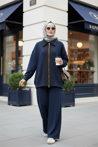 Nordic Selanik- Kaşe Detaylı  Oversize  Takım |Lacivert