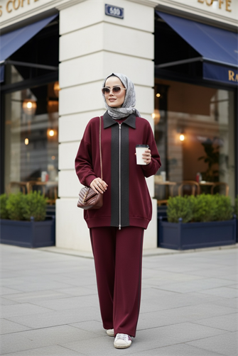 Nordic Selanik- Kaşe Detaylı  Oversize  Takım | Bordo