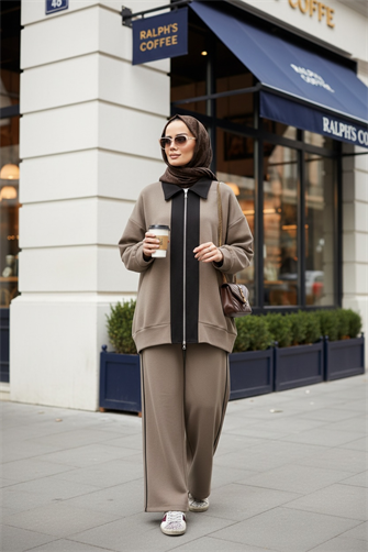 Nordic Selanik- Kaşe Detaylı  Oversize  Takım |Vizonkahve