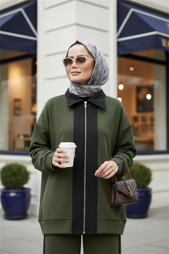 Nordic Selanik- Kaşe Detaylı  Oversize  Takım |Hakiyeşil