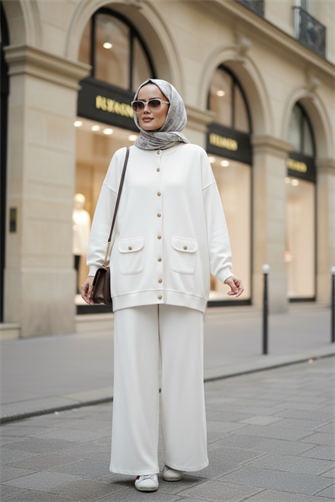 Oslo Selanik Kumaş Hırka İkili Takım – Oversize Kalıp – Kışlık Tesettür Takım Ekru