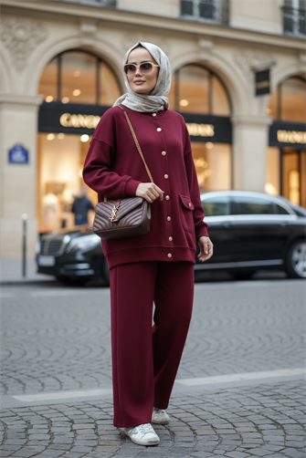 Oslo Selanik Kumaş Hırka İkili Takım – Oversize Kalıp – Kışlık Tesettür Takım Bordo