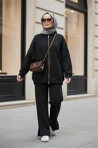  3 İplik Şardonlu Bomber İkili TesettürTakım | Pamuklu Rahat Takım Siyah