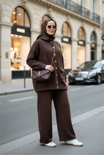 Oslo Selanik Kumaş Hırka İkili Takım – Oversize Kalıp – Kışlık Tesettür Takım Acıkahve