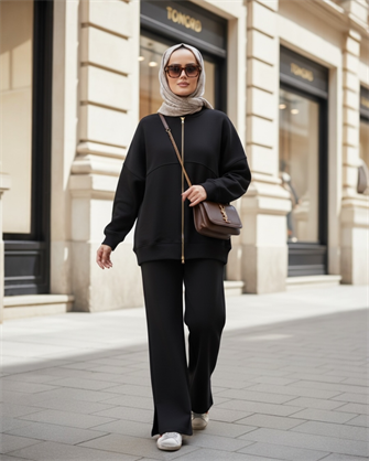  3 İplik Şardonlu Bomber İkili TesettürTakım | Pamuklu Rahat Takım Siyah