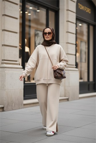  3 İplik Şardonlu Bomber Takım | Pamuklu Rahat Takım Bej