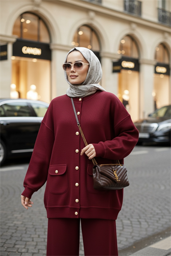Oslo Selanik Kumaş Hırka İkili Takım – Oversize Kalıp – Kışlık Tesettür Takım Bordo