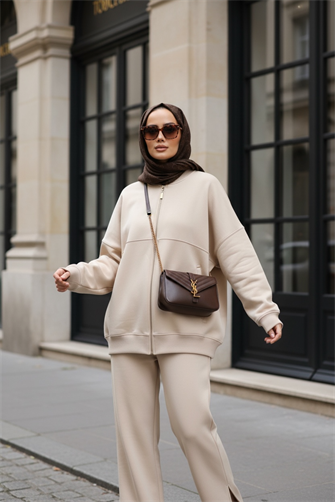  3 İplik Şardonlu Bomber Takım | Pamuklu Rahat Takım Bej