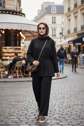 Kuşaklı Modal Yırtmaçlı  İkili Tesettür Takım Siyah 