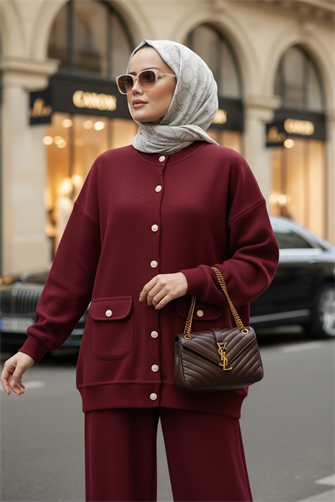 Oslo Selanik Kumaş Hırka İkili Takım – Oversize Kalıp – Kışlık Tesettür Takım Bordo