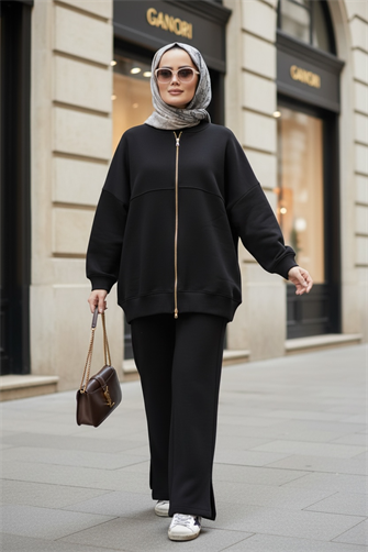  3 İplik Şardonlu Bomber İkili TesettürTakım | Pamuklu Rahat Takım Siyah